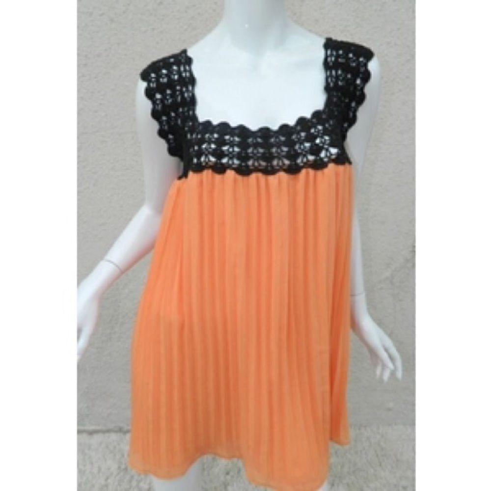 Carolina K  Dress Orange Pleated Black Crochet Trim Boho Chic Size  X-Small‎